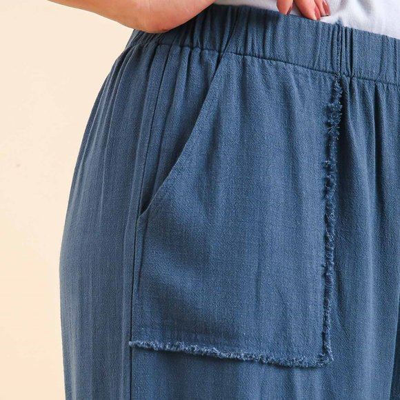 Umgee Full Size Linen Blend Elastic Waistband Wide Leg Pants Plus Size main image 0